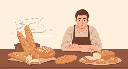 Smiling Baker Presents Freshly Baked Bread, Showing Daily Life Of Artisanal Baking Craftsman