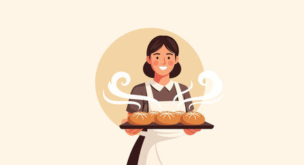 Smiling Baker Presents Freshly Baked Buns, Perfect for Breakfast or a Delightful Snack
