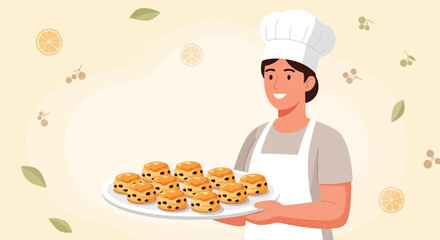 Smiling Baker Presents Freshly Baked Scones, Delicious Treats and Culinary Delight