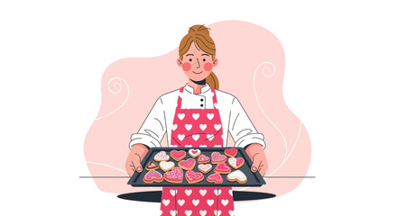 Smiling Baker Presents Tray Of Heart-Shaped Cookies For Festive Celebration