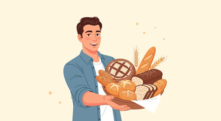 Smiling Baker Proudly Displays Freshly Baked Bread Collection In Basket Presentation