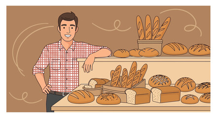 Smiling Baker Proudly Showcasing Diverse Baked Goods On His Bakery Counter Display