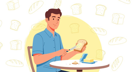Satisfied Man Spreading Butter On Toast In A Simple, Yet Modern, Illustration