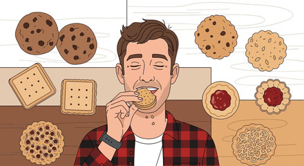 Satisfied Man Enjoys Assortment of Cookies Freshly Baked From the Oven With Closed Eyes