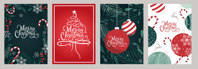 Four festive Christmas card designs featuring a color palette of red, green, and white. The cards incorporate elements like candy canes, snowflakes, ornaments and Christmas trees.