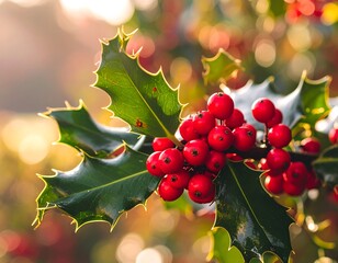 Close-up view of vibrant red berries clustered on holly leaves, bathed in warm sunlight.