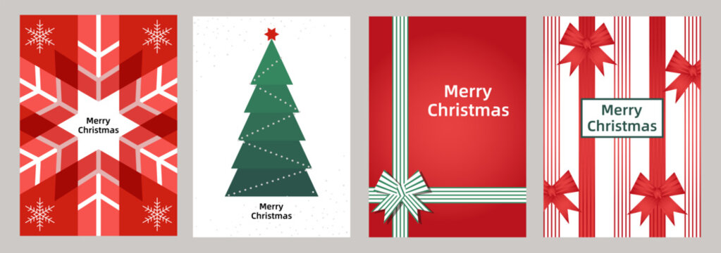 Four modern Christmas card designs, featuring geometric patterns, a Christmas tree, ribbons, snowflakes, and a consistent "Merry Christmas" message, primarily using red, green, and white colors.