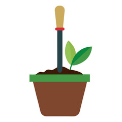 Gardening trowel in a pot filled with soil, ready for planting vector on white background.