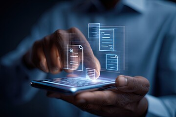 A person interacts with a smartphone displaying holographic document files