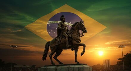 Equestrian Statue of Pedro I at Sunset with Brazilian Flag Backdrop A Majestic Symbol of Brazilian History and Patriotism