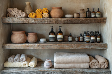 Towels and soaps neatly arranged on a shelf.