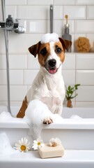 A playful Jack Russell terrier enjoys a refreshing bath, covered in suds and surrounded by floral elements.