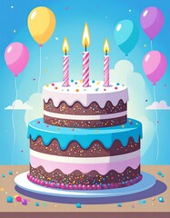 A cheerful, two-tiered birthday cake, decorated with colorful frosting, sprinkles, and candles, sits on a table against a backdrop of balloons and confetti, showcasing a vibrant celebration scene.
