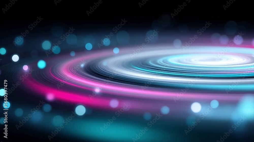 Poster technology loop glowing concentric ring neon blue and pink light bokeh abstract vortex circular moti