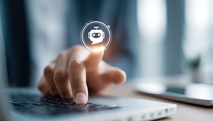 A hand touches a glowing robot icon over a laptop keyboard