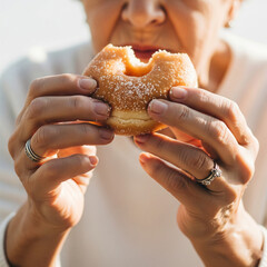 A candid and indulgent close-up of a senior woman's hands holding and eating a doughnut on a terrace