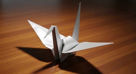 Origami Crane on Wooden Surface, Close-Up of a Paper Bird on a Polished Wood Table
