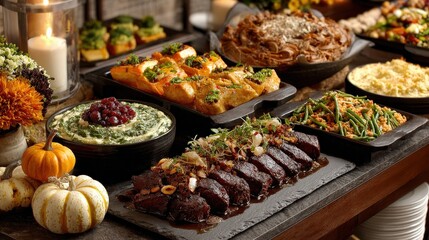 Obraz premium Gourmet Feast Displayed: An assortment of expertly crafted, appetizing dishes artfully arranged, illuminated with a candle's warm glow, creating a visual symphony of tastes. Generative Ai