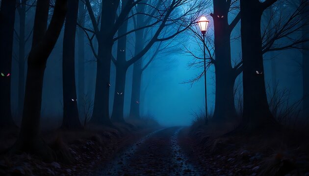 Mysterious forest path with glowing eyes and eerie fog creates a haunting atmosphere