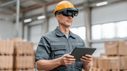 Skilled warehouse worker with augmented reality glasses holding tablet in modern industrial setting with stacked boxes and bright lighting