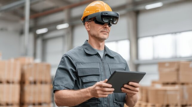 Skilled warehouse worker with augmented reality glasses holding tablet in modern industrial setting with stacked boxes and bright lighting