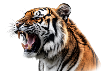  tiger roaring, isolated on a transparent background, cutout in a png file with white space around for easy background manipulation and illustration