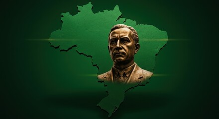 A Bronze Bust of Get?lio Vargas Against a Green Map of Brazil: A Tribute to Brazilian History