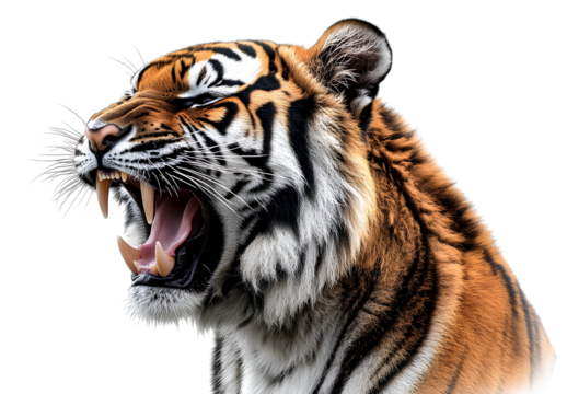  tiger roaring, isolated on a transparent background, cutout in a png file with white space around for easy background manipulation and illustration