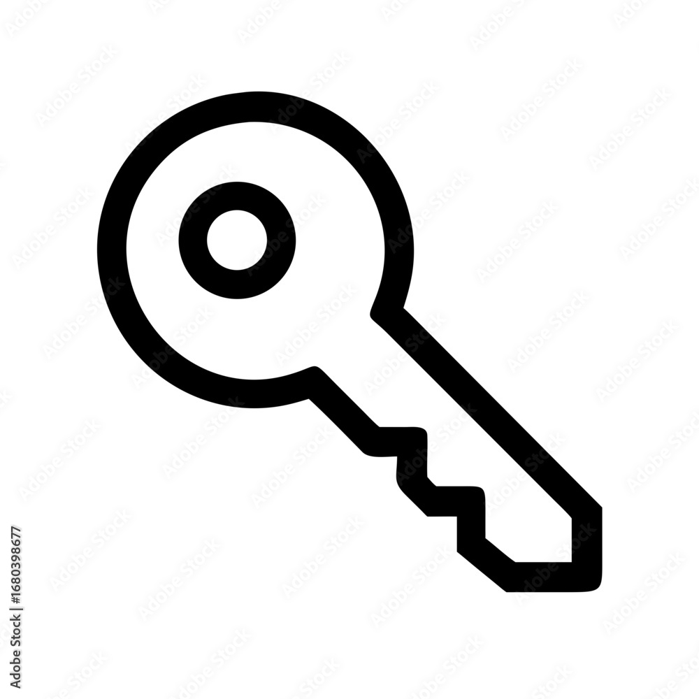 Aufkleber illustration of a simple black key with a circular head and jagged edge on a white background image