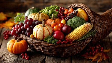 Harvest Bounty: A Cornucopia of autumn's finest produce spills forth from a woven basket, offering a visual feast of vibrant gourds, crisp vegetables, and juicy fruits. Generative Ai
