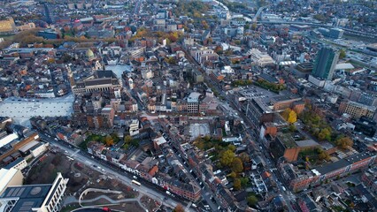 An aerial panorama view around the downtown of the City Charleroi In Belgium on a cloudy spring afternoon