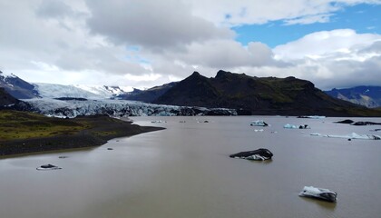 Glacial lake landscape with icebergs