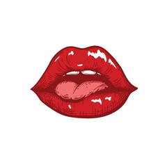 Sexy mouth with bright red glossy bitten lips and tonque. Color sketch hand drawn style. Vector illustration isolated on white background.