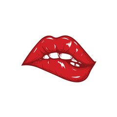 Sexy mouth with bright red glossy bitten lips and tonque. Color sketch hand drawn style. Vector illustration isolated on white background.