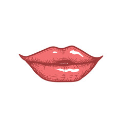 Sexy mouth with bright red glossy bitten lips. Color sketch hand drawn style. Vector illustration isolated on white background.