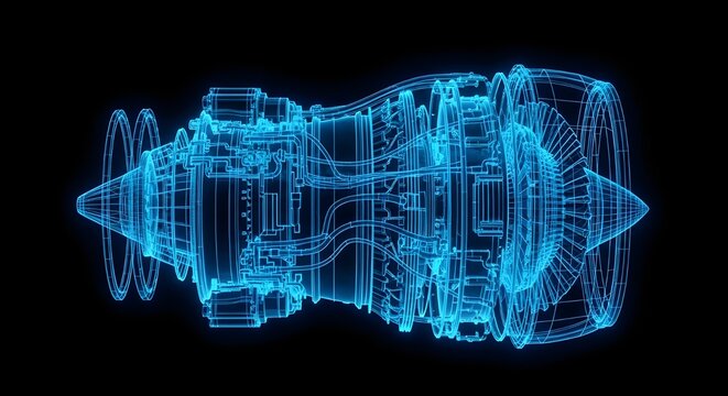 Wireframe blueprint of a jet engine in glowing blue on a black background aircraft engine