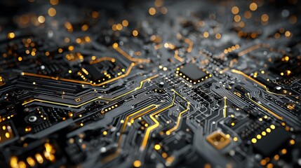 Close up of a complex electronic circuit board with glowing lights isolated on white background