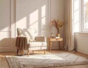 A light-filled living room boasts a beige armchair, a wooden side table, and a patterned rug, bathed in warm sunlight.