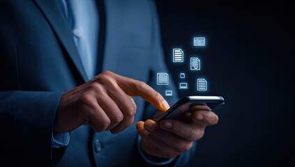 Close-up of a person in a suit using a smartphone, digital documents hovering around it