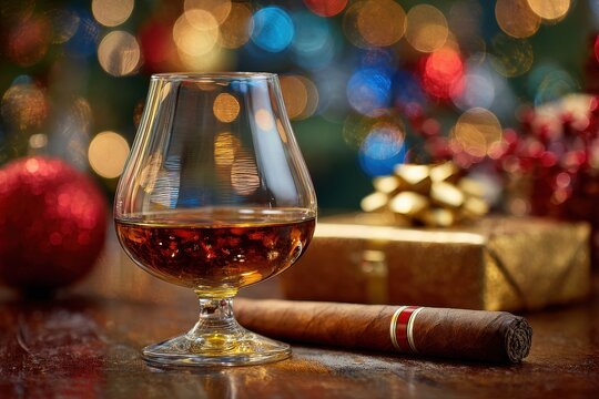 Christmas Cigar. Festive Cognac Glass with Bokeh Background and Food Pairing