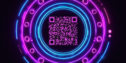 Circle QR Code with Neon Circles on Violet Background. Abstract Concept of Technology Interface