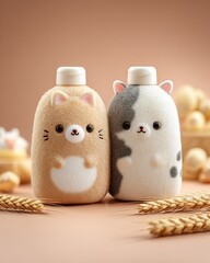 Two cute animal-shaped bottles on a beige background