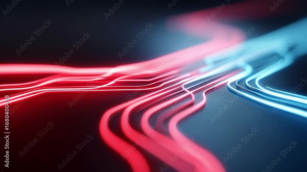Poster neon light trail abstract long exposure motion blur blue red neon red loop technology ribbon glowing