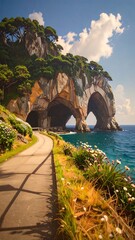 A scenic coastal path winds through lush greenery, leading to dramatic rock formations with arches carved by the sea.