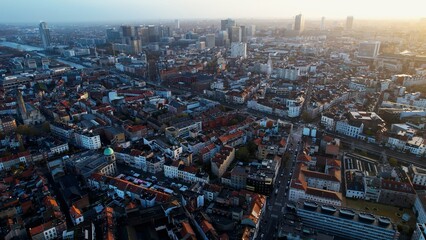 An aerial panorama view around the downtown of the City Brussels In Belgium on a cloudy spring morning