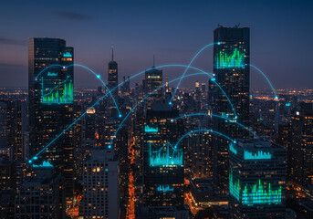 Nighttime cityscape with glowing data visualizations overlaying skyscrapers, connected by network lines, symbolizing technology and urban connectivity.