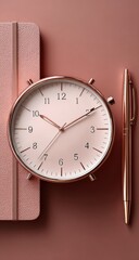 Rose gold clock, notepad, pen on a mauve background