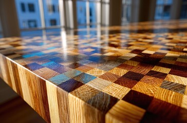 Gleaming resin-topped table with a mosaic of various wood types