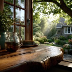 Rustic windowsill view, sunlight through trees, garden, house
