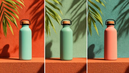 Three colorful reusable water bottles against a backdrop of palm leaves and warm colors
